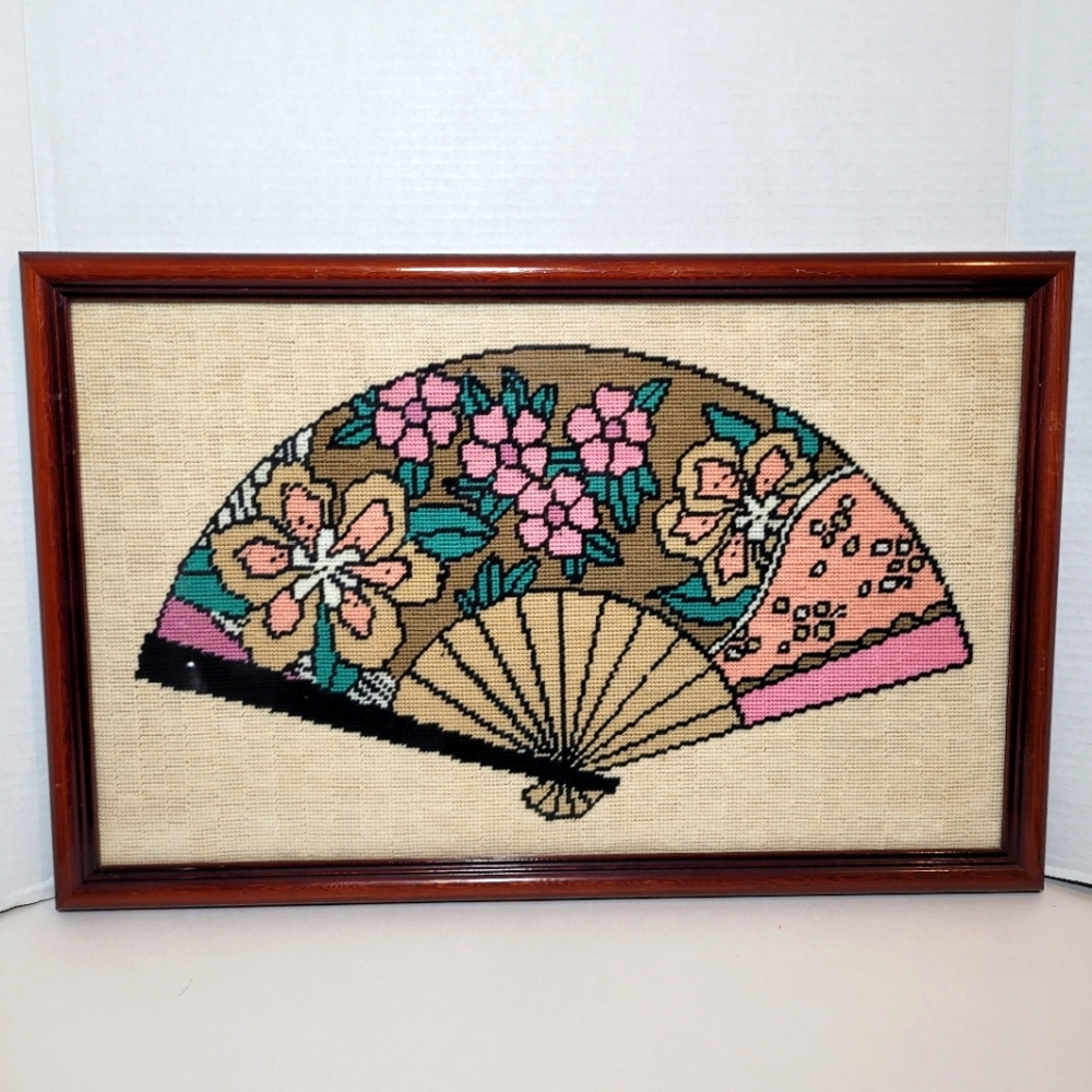 Vintage Handmade Framed Needlepoint Fan with Flowers